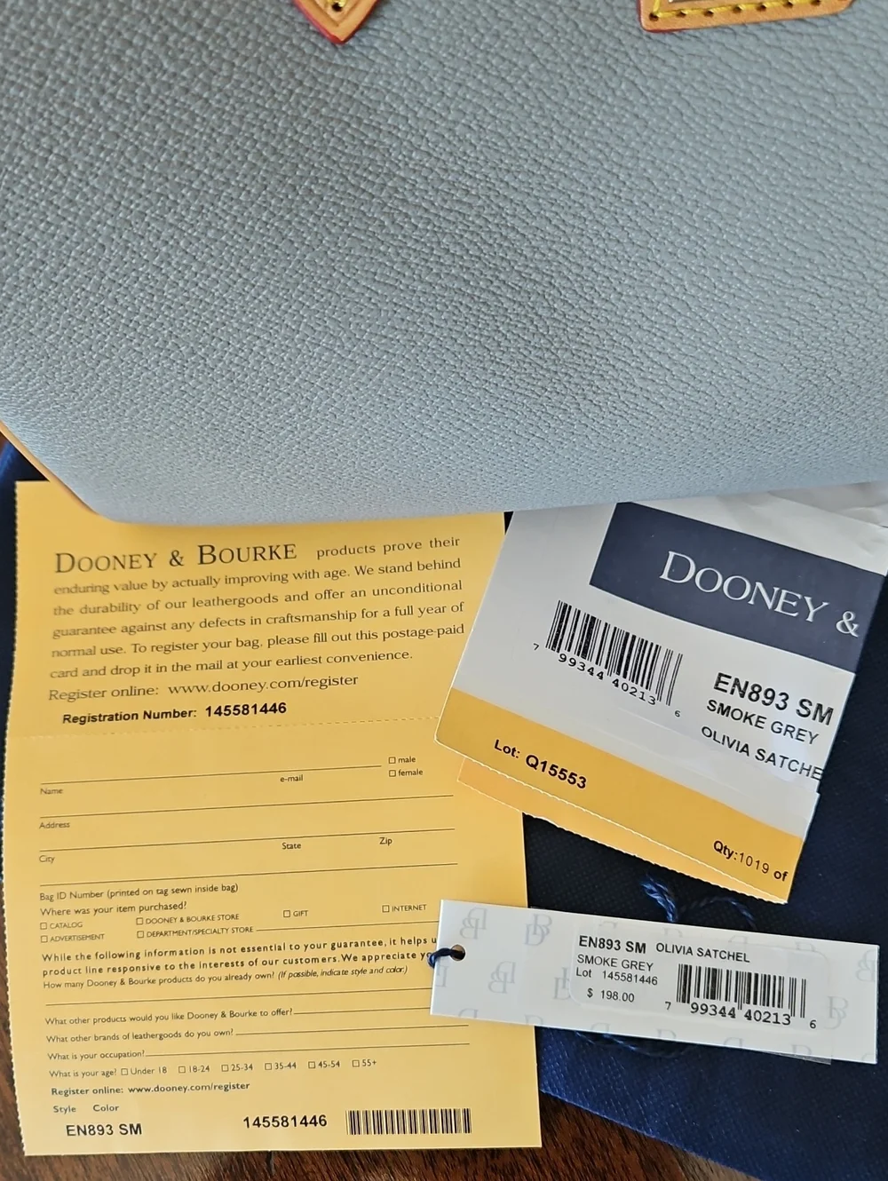 NWT Dooney & Bourke Smoke Grey Olivia Pebble Leather Satchel